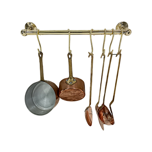Antique Copper Brass Utensil & Pot Rack – Solid Unlacquered Brass Kitchen Pot Rail with S-Hooks