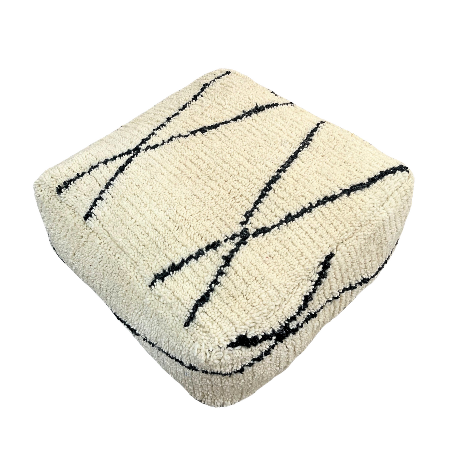 Berber Moroccan Wool Pouf – Handmade Ivory Floor Ottoman 60x60cm